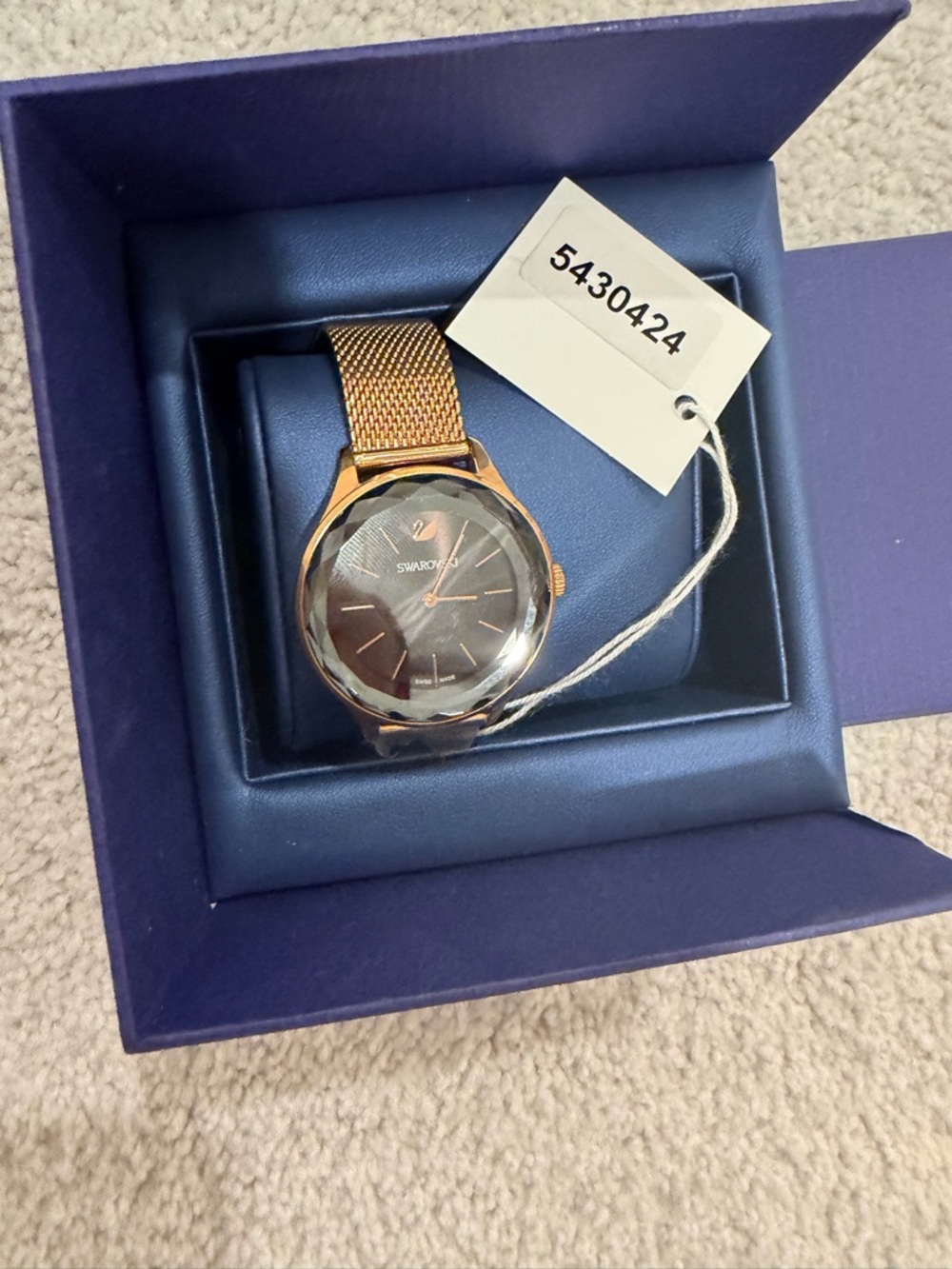 Swarovski Rose Gold Mesh Watch with Black Dial